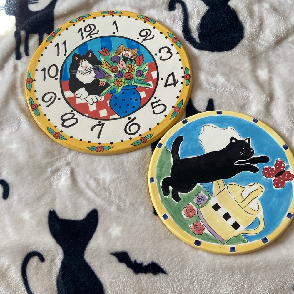 Playful Black Cats and flowers and a Gardening Pail ceramic
